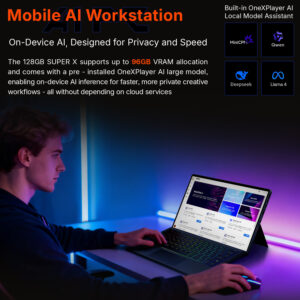 A person using the SuperX as a mobile AI workstation, showcasing compatibility with local AI models like Llama 4 and Deepseek.