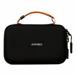 AYANEOPOCKETDSBAGLISTINGDONE01 DROIX Global A compact black hardshell carrying case for the AYANEO Pocket DS The bag features a textured fabric exterior with the AYANEO logo centered in white text a bright orange top handle and a black zipper pull