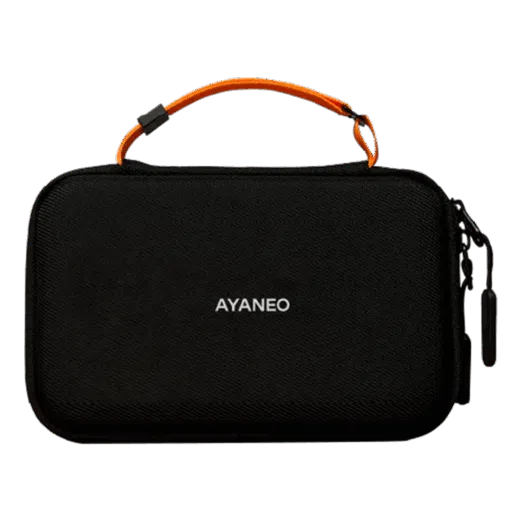 A compact black hardshell carrying case for the AYANEO Pocket DS The bag features a textured fabric exterior with the AYANEO logo centered in white text a bright orange top handle and a black zipper pull