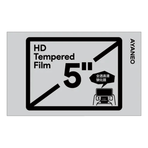 A product graphic for an AYANEO Pocket DS screen protector featuring HD Tempered Film in bold text The image shows a 5 inch label indicating it is designed for the devices secondary display A small line drawing illustrates a user holding the dual screen handheld with the protector applied to the bottom screen