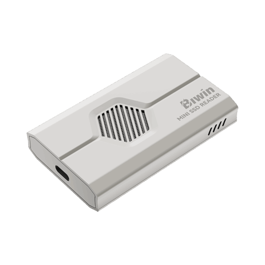 Angled isometric view of the white Biwin Mini SSD Reader showing the central hexagonal ventilation grille the USB C port on the bottom edge and the gray branding logo on the face