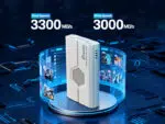 Marketing graphic displaying the Biwin Mini SSD Reader with 3300 MBs read and 3000 MBs write speeds illustrated with holographic media windows surrounding the device