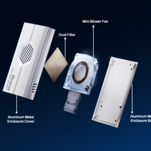 An exploded view diagram of the Mini SSD Reader showcasing its internal components, including the "Aluminum Metal Enclosure" cover and base, a "Dust Filter," and a "Mini Blower Fan".