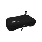 A black hardshell carrying case for the AYN handheld shown from a direct front angle on a white background The front surface displays a white AYN logo with a horizontal underline on the left side The top of the case features two circular molded indentations to provide space for the devices analog sticks It includes a zipper closure with a branded pull tab and a black fabric wrist strap
