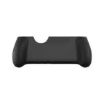 A sleek matte black ergonomic grip for a handheld gaming console The accessory features textured rounded handles on both sides for improved comfort The center back is smooth featuring a small AYN logo engraved on a ridged section near the top The top edge has a wide cutout to accommodate the devices ports and cooling vents