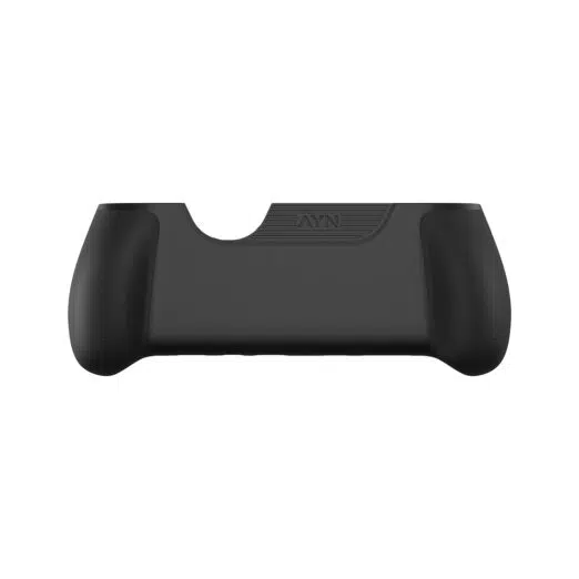 A sleek, matte black ergonomic grip for a handheld gaming console. The accessory features textured, rounded handles on both sides for improved comfort. The center back is smooth, featuring a small "AYN" logo engraved on a ridged section near the top. The top edge has a wide cutout to accommodate the device's ports and cooling vents.
