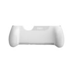 A white ergonomic grip for a handheld gaming console The accessory features textured rounded handles on both sides for improved comfort The center back is smooth featuring a small AYN logo engraved on a ridged section near the top The top edge has a wide cutout to accommodate the devices ports and cooling vents