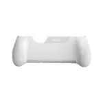A white ergonomic grip for a handheld gaming console The accessory features textured rounded handles on both sides for improved comfort The center back is smooth featuring a small AYN logo engraved on a ridged section near the top The top edge has a wide cutout to accommodate the devices ports and cooling vents