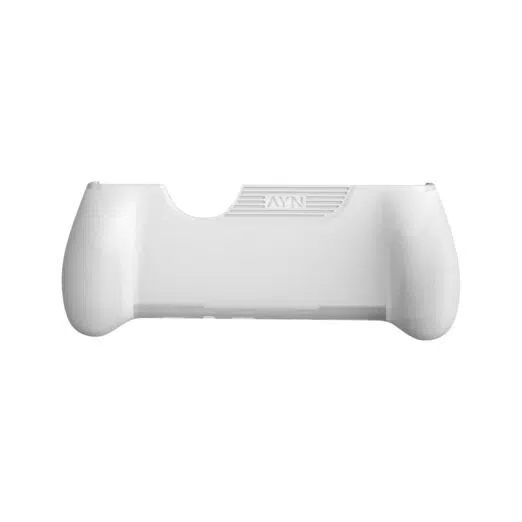 A white ergonomic grip for a handheld gaming console. The accessory features textured, rounded handles on both sides for improved comfort. The center back is smooth, featuring a small "AYN" logo engraved on a ridged section near the top. The top edge has a wide cutout to accommodate the device's ports and cooling vents.