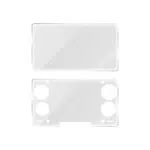 A set of two clear tempered glass screen protectors displayed against a white background The top protector is a standard rectangular shape with rounded corners The bottom protector is precision cut to fit a specific handheld console featuring circular and pill shaped cutouts for joysticks buttons and speakers as well as a small rectangular notch at the bottom edge