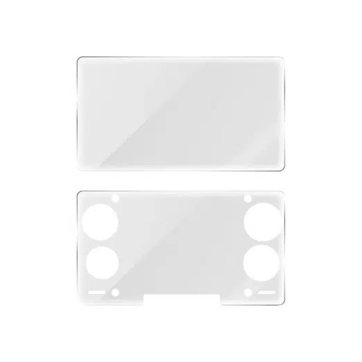 A set of two clear tempered glass screen protectors displayed against a white background. The top protector is a standard rectangular shape with rounded corners. The bottom protector is precision-cut to fit a specific handheld console, featuring circular and pill-shaped cutouts for joysticks, buttons, and speakers, as well as a small rectangular notch at the bottom edge.