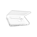 A transparent hardshell protective case for a handheld gaming device shown in an open clamshell like position The clear plastic features precise cutouts along the bottom and sides for ports speakers and buttons ensuring full functionality while protecting the devices exterior