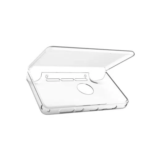 A transparent hardshell protective case for a handheld gaming device, shown in an open, clamshell-like position. The clear plastic features precise cutouts along the bottom and sides for ports, speakers, and buttons, ensuring full functionality while protecting the device's exterior.