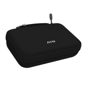 A black, contoured protective carrying case for an AYN handheld console. The top features the "AYN" logo in white above a horizontal line. The case includes a wraparound zipper with a branded pull tab and a small integrated wrist loop, set against a plain white background.