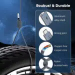 An image titled Robust  Durable showcasing the cables construction It depicts the cable supporting a heavy car tire to demonstrate strength Four circular inset images highlight the aluminum alloy shell reinforced joint oxygen free copper core and nylon braided wire