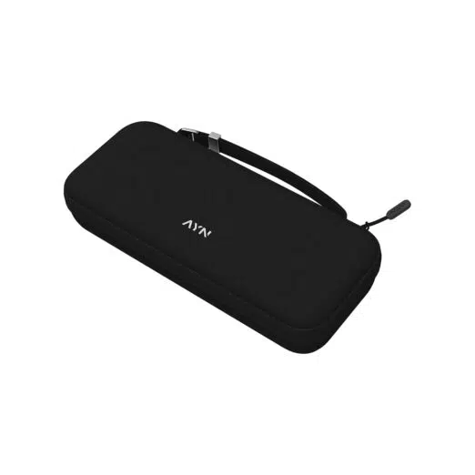 A front-facing view of a black hardshell travel case featuring a white AYN logo on the left, two molded circular bumps to protect thumbsticks, a zippered closure with a branded pull tab, and an attached black wrist strap.