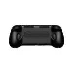 The back view of a black form fitting ergonomic grip for a handheld device The design includes large textured handles for better grip two sets of top cooling vents a central mesh patterned ventilation area and precise cutouts for back buttons and triggers