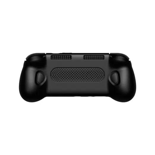 The back view of a black, form-fitting ergonomic grip for a handheld device. The design includes large textured handles for better grip, two sets of top cooling vents, a central mesh-patterned ventilation area, and precise cutouts for back buttons and triggers.