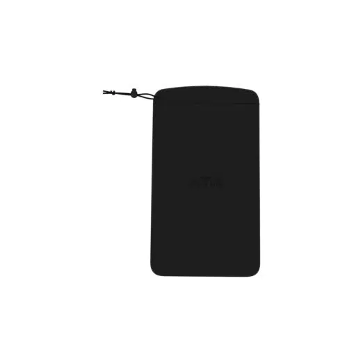 A flat, vertical view of a black fabric storage pouch. It features a subtle embossed AYN logo in the center and a black drawstring closure with a plastic toggle at the top left.