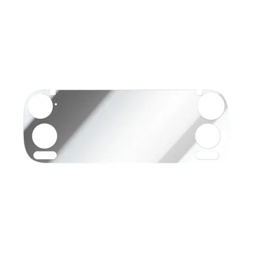 A standalone view of a transparent tempered glass screen protector featuring precise circular cutouts on both sides for joysticks and buttons, along with a small sensor cutout on the top left.