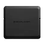 ONEXPLAYERAPEXBATTERYLISTINGDONE01 DROIX Global A top down view of a matte black square electronic device featuring the ONEXPLAYER logo centered on the lid The device has rounded corners beveled edges and a visible hinge mechanism on the left and right sides suggesting it is a foldable or clamshell style handheld gaming console or laptop accessory The entire object is set against a solid black background