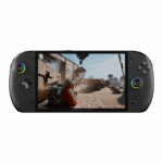 A sleek black handheld gaming console the ONEXPLAYER is shown from a direct front facing view against a solid white background Key Visual Details Screen A large vibrant display fills the center showing a third person shooter video game set in a dusty industrial desert environment A character in an orange suit is visible in the foreground Controls  Left Side Features a circular joystick with a multi colored RGB LED ring and a classic cross shaped D pad Right Side Features four action buttons labeled X Y A B a second joystick with a matching RGB ring and a dedicated ONEX button near the bottom Design The device has a rounded ergonomic pill shape with a matte black finish The ONEXPLAYER branding is subtly printed centered just below the screen