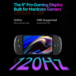 Promotional graphic for the OneXPlayer Apex highlighting an 8 inch 120Hz Pro Gaming display with VRR support