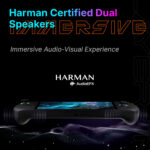 Marketing graphic for the OneXPlayer Apex handheld gaming console The top text reads Harman Certified Dual Speakers in cyan and purple overlaid on a large orange outlined word IMMERSIVE Below this it says Immersive Audio Visual Experience and displays the Harman AudioEFX logo The center of the image shows the bottom edge of a black handheld gaming device with glowing RGB joysticks Stylized sound waves emanate from speaker grilles located on the textured controller grips The bottom of the frame features a flowing wave like pattern of white digital dots against a black background