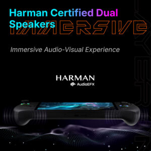 Marketing graphic for the OneXPlayer Apex handheld gaming console. The top text reads "Harman Certified Dual Speakers" in cyan and purple, overlaid on a large, orange-outlined word "IMMERSIVE." Below this, it says "Immersive Audio-Visual Experience" and displays the Harman AudioEFX logo. The center of the image shows the bottom edge of a black handheld gaming device with glowing RGB joysticks. Stylized sound waves emanate from speaker grilles located on the textured controller grips. The bottom of the frame features a flowing, wave-like pattern of white digital dots against a black background.