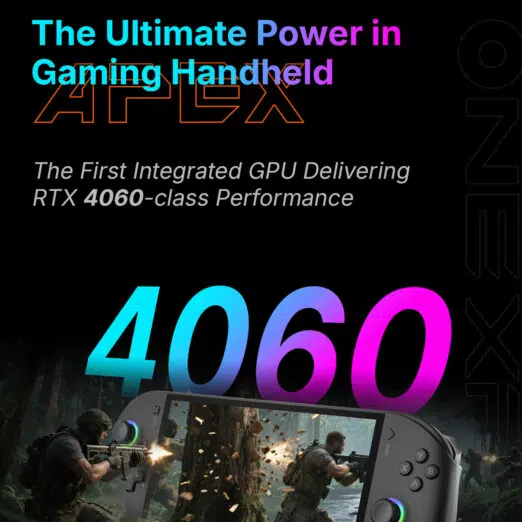 Marketing image claiming the OneXPlayer Apex features the first integrated GPU with RTX 4060-class performance.