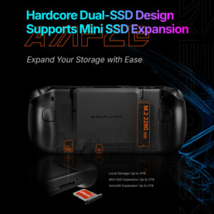 Diagram of the "Hardcore Dual-SSD" design showing slots for M.2 2280, Mini SSD, and microSD cards.