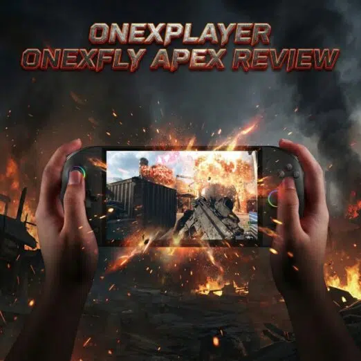 ONEXPLAYER ONEXFLY Apex Review 11 A hand holding a ONEXFLY APEX gaming handheld with explosions on the screen.