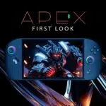 A First Look promotional image for the APEX The handheld is shown front and center displaying a glowing armored robot character on its screen set against a dark background with flowing light trails