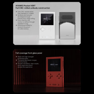 Product diagrams explaining the AYANEO Pocket VERT build quality, featuring the full CNC-milled unibody construction and the seamless, high-strength front glass panel that merges with the frame.