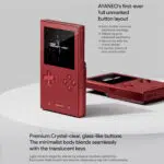 Close up of the Lava Red AYANEO Pocket VERT showcasing the premium crystal clear unmarked button layout and translucent glass like keys for a minimalist aesthetic