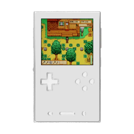 A front facing view of the AYANEO Pocket DMG in a clean whitesilver finish The screen displays a colorful farming simulation game The D pad and action buttons are white with a translucent quality matching the minimalist aesthetic of the console
