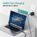 Focus 240W Charging Performance Visual Shows a MacBook Pro plugged into a wall outlet Key Info Highlights PD 31 and 48V5A specs It features a progress bar showing the laptop hitting 76 charge in 30 minutes