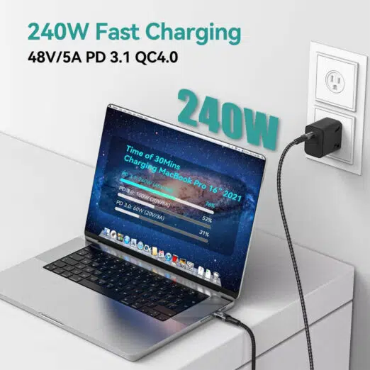 Focus: 240W Charging Performance Visual: Shows a MacBook Pro plugged into a wall outlet. Key Info: Highlights PD 3.1 and 48V/5A specs. It features a progress bar showing the laptop hitting 76% charge in 30 minutes.