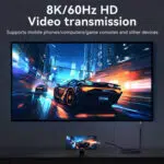 Focus 8K Video Transmission Visual Shows a smartphone connected to a large TV screen displaying a racing car Key Info Highlights 8K60Hz resolution and compatibility with consoles and mobile devices