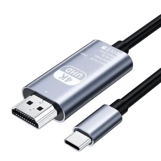 A studio photograph displays a metallic silver colored Type C to HD adapter cable against a black background The main body of the adapter features text in English 4K UHD Type C to HD Cable Model TH001 Rev No01 Made in China alongside CE WEEE and FCC symbols Connected to this metallic body are an HDMI male connector on one end and a black insulated cable on the opposite end Additionally a separate Type C male connector with its matching silver housing is shown below the main body also with its cable partially visible All connections feature black heat shrink or plastic where the cables meet the connectors