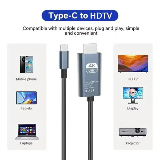 A product infographic titled "Type-C to HDTV". It features a center image of a grey Type-C to HDMI adapter cable with a "4K UHD" label. Two columns illustrate compatibility: the left column shows icons for mobile phones, tablets, and laptops; the right column shows icons for HDTVs, monitors, and projectors. The text states the device is "Compatible with multiple devices, plug and play, simple and convenient".