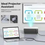 A promotional image titled Ideal Projector Assistant showing a workspace with a laptop connected to a white projector via a long black cable The projector is displaying an INFOGRAPHIC slide onto a large wall mounted screen Two inset close up images show the Type C connector plugged into the laptop and the HDMI connector plugged into the projectors rear port