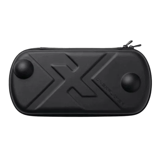 A sleek black hard shell ONEXPLAYER APEX Case featuring an embossed X logo brand name and protective joystick protrusions on a solid black background