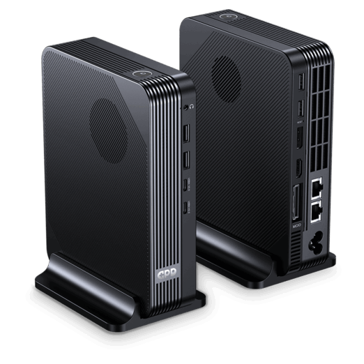 A three-quarter product shot of two identical, black, compact GPD-branded eGPU or docking stations standing in their own bases against a dark background. The unit on the left shows the textured front and a side edge featuring two USB ports and the "GPD" logo. The unit on the right shows the textured back panel, which is densely packed with connectivity ports including Oculink, a power socket, an HDMI port, multiple USB ports, two Ethernet ports, and an audio jack, highlighting its comprehensive input and output capabilities.