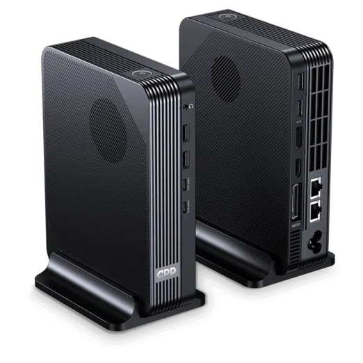 A three-quarter product shot of two identical, black, compact GPD-branded eGPU or docking stations standing in their own bases against a dark background. The unit on the left shows the textured front and a side edge featuring two USB ports and the "GPD" logo. The unit on the right shows the textured back panel, which is densely packed with connectivity ports including Oculink, a power socket, an HDMI port, multiple USB ports, two Ethernet ports, and an audio jack, highlighting its comprehensive input and output capabilities.