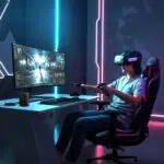 Person wearing a VR headset and headphones, holding dual controllers at a neon-lit gaming setup in a dark room.