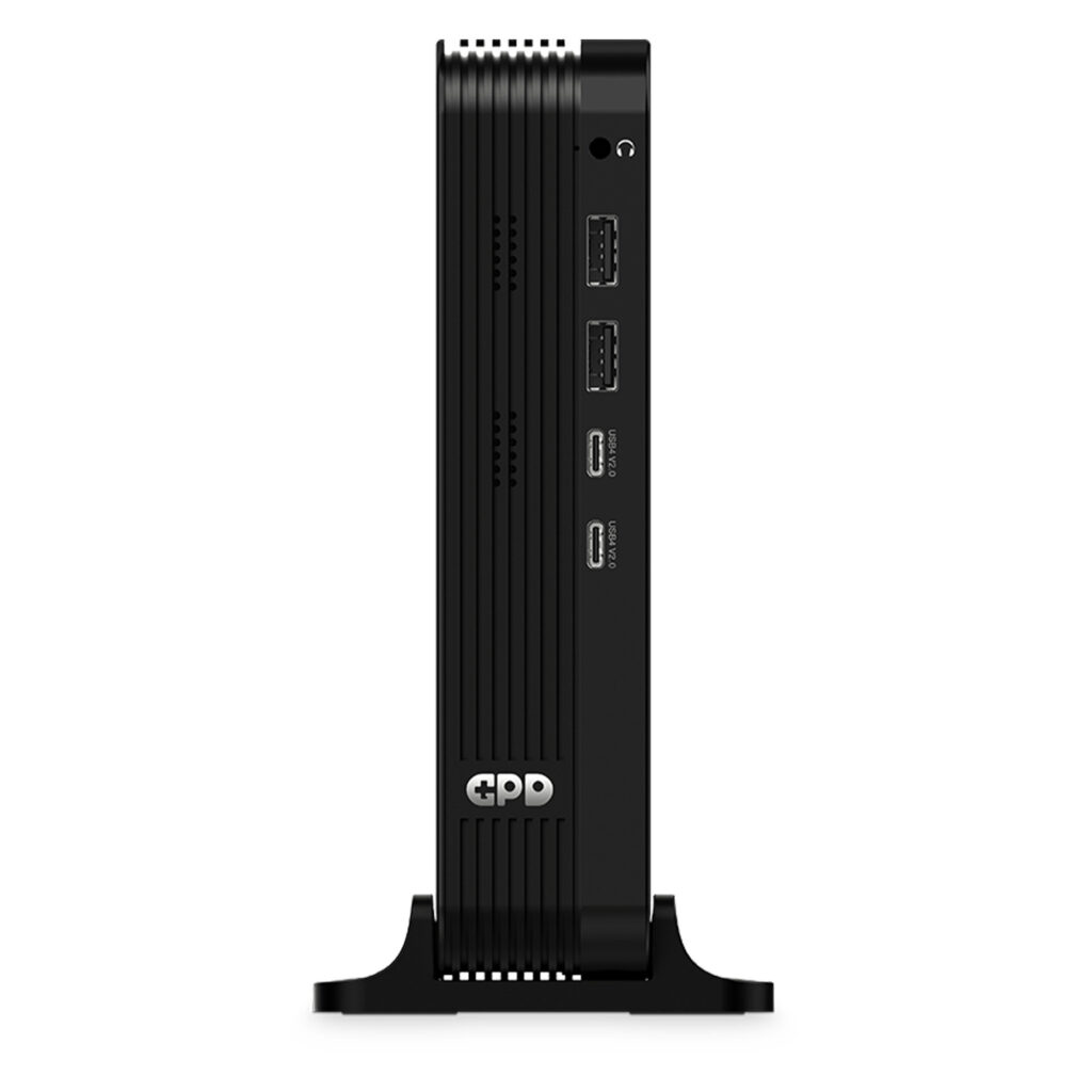 A vertical product shot of the front I/O panel of a black GPD eGPU or mini-PC. The device features a ribbed texture and is mounted in a stable black desk stand. From top to bottom, the ports include a headphone jack, two USB 3.2 Type-A ports, and two USB4 Version 2.0 Type-C ports. The silver GPD logo is positioned near the base.