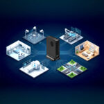 Isometric infographic showing the GPD Box Mini PC as a hub for smart city surveillance, robotics, healthcare MRI systems, and smart home automation.