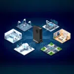 Isometric infographic showing the GPD Box Mini PC as a hub for smart city surveillance, robotics, healthcare MRI systems, and smart home automation.