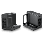 GPD G2 eGPU external graphics card enclosure, shown in two perspectives against a black background, with visible ports, power supply, and internal PCIe slot for custom GPU installation.